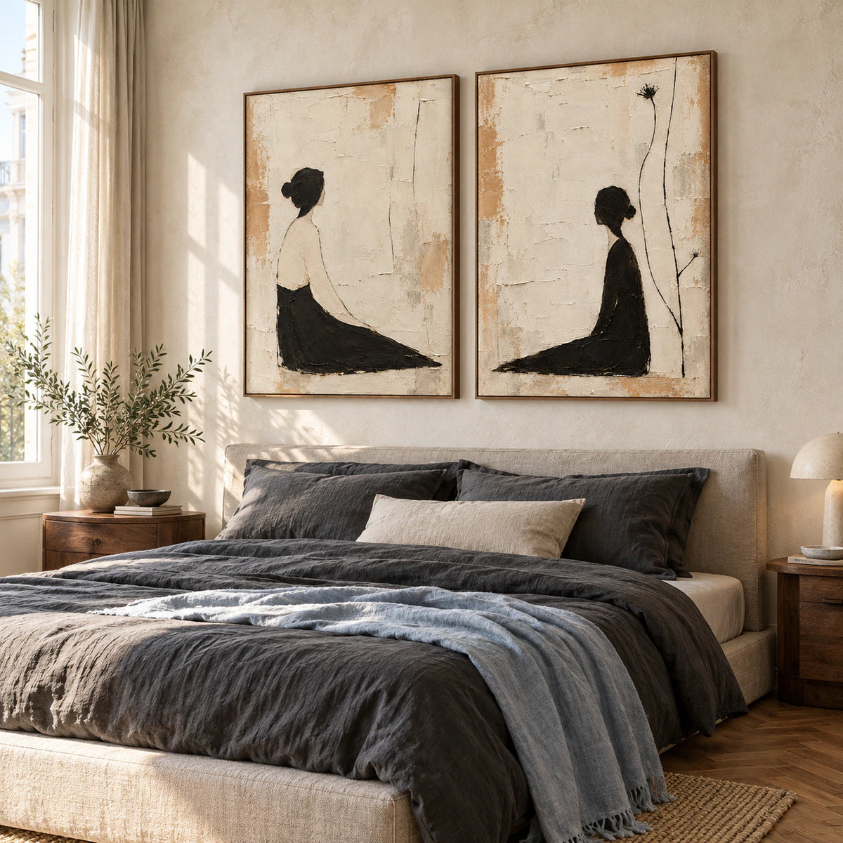 Quiet bedroom with the Sable-Reverie set of two above a restrained bed setting.