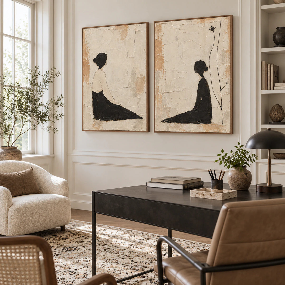 Airy reading office with the Sable-Reverie diptych displayed prominently.
