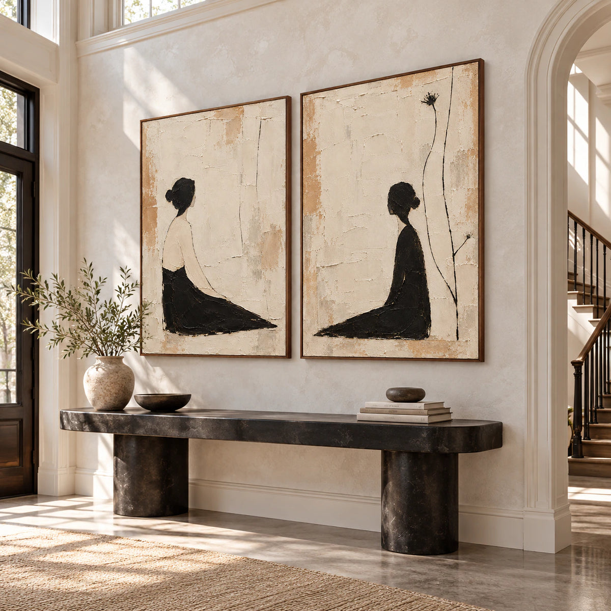 Gallery-scale foyer with the Sable-Reverie two-canvas artwork side by side.