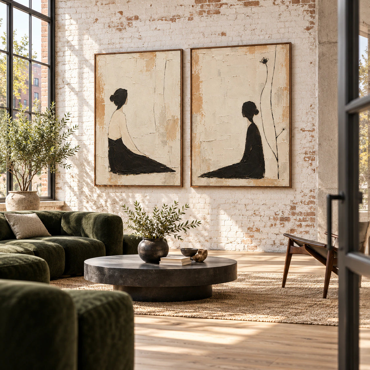 Expansive loft hospitality interior centered on the Sable-Reverie diptych.