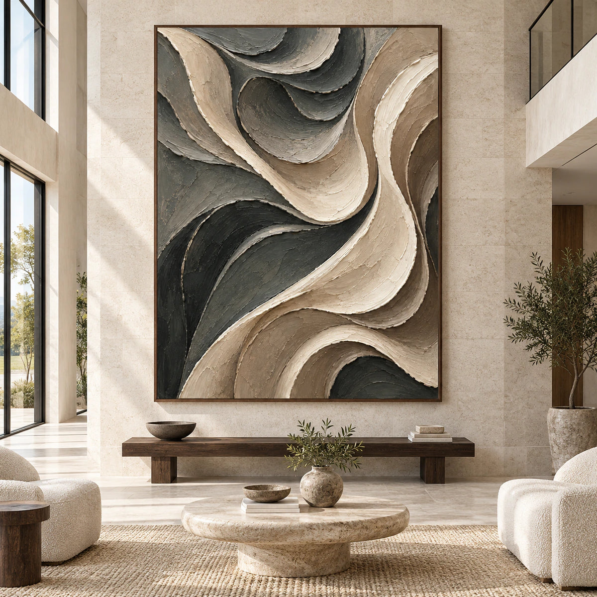 Large Sable-Ribbon painting displayed straight-on in a bright, spacious architectural living room.
