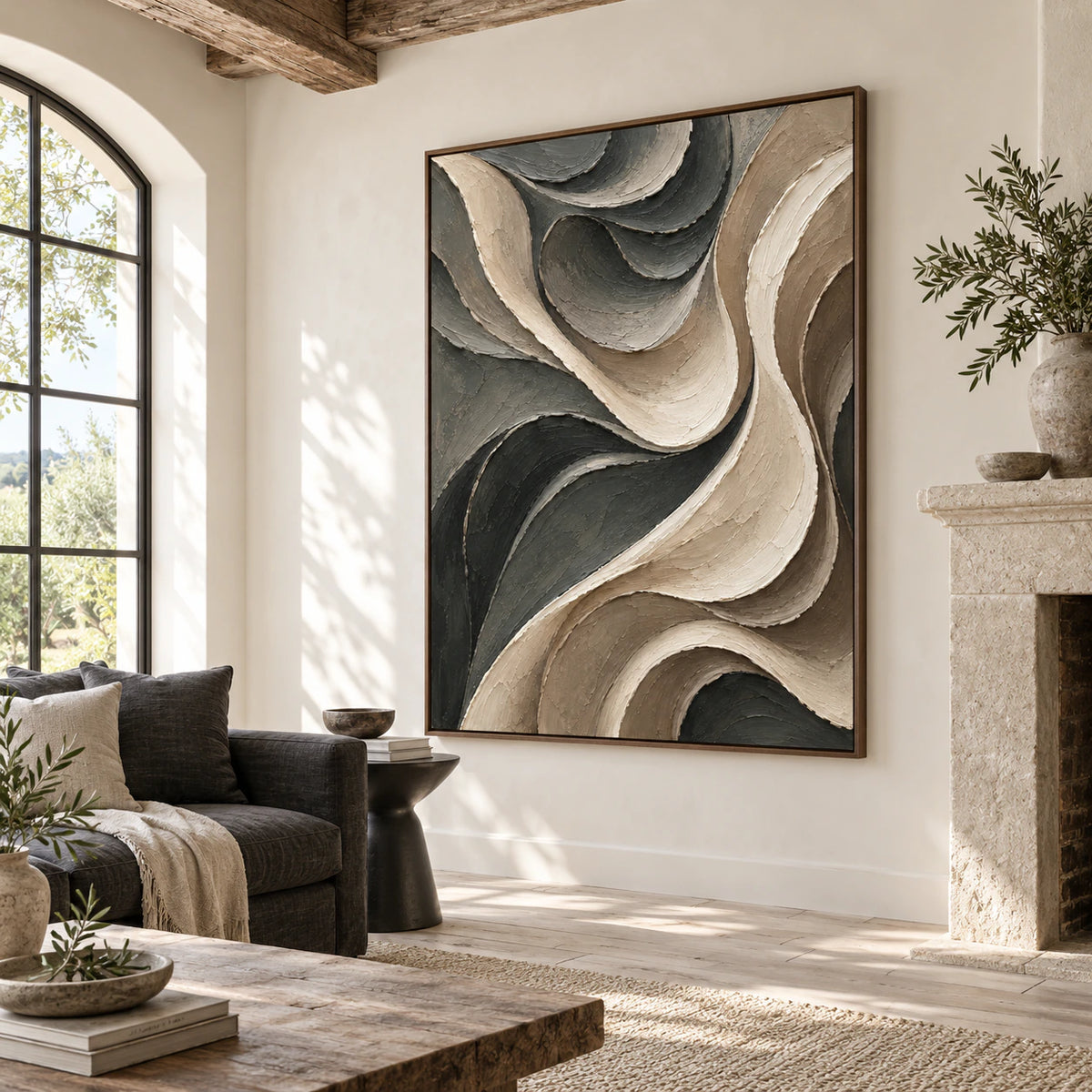 Sable-Ribbon as a large focal artwork in a bright contemporary living room.