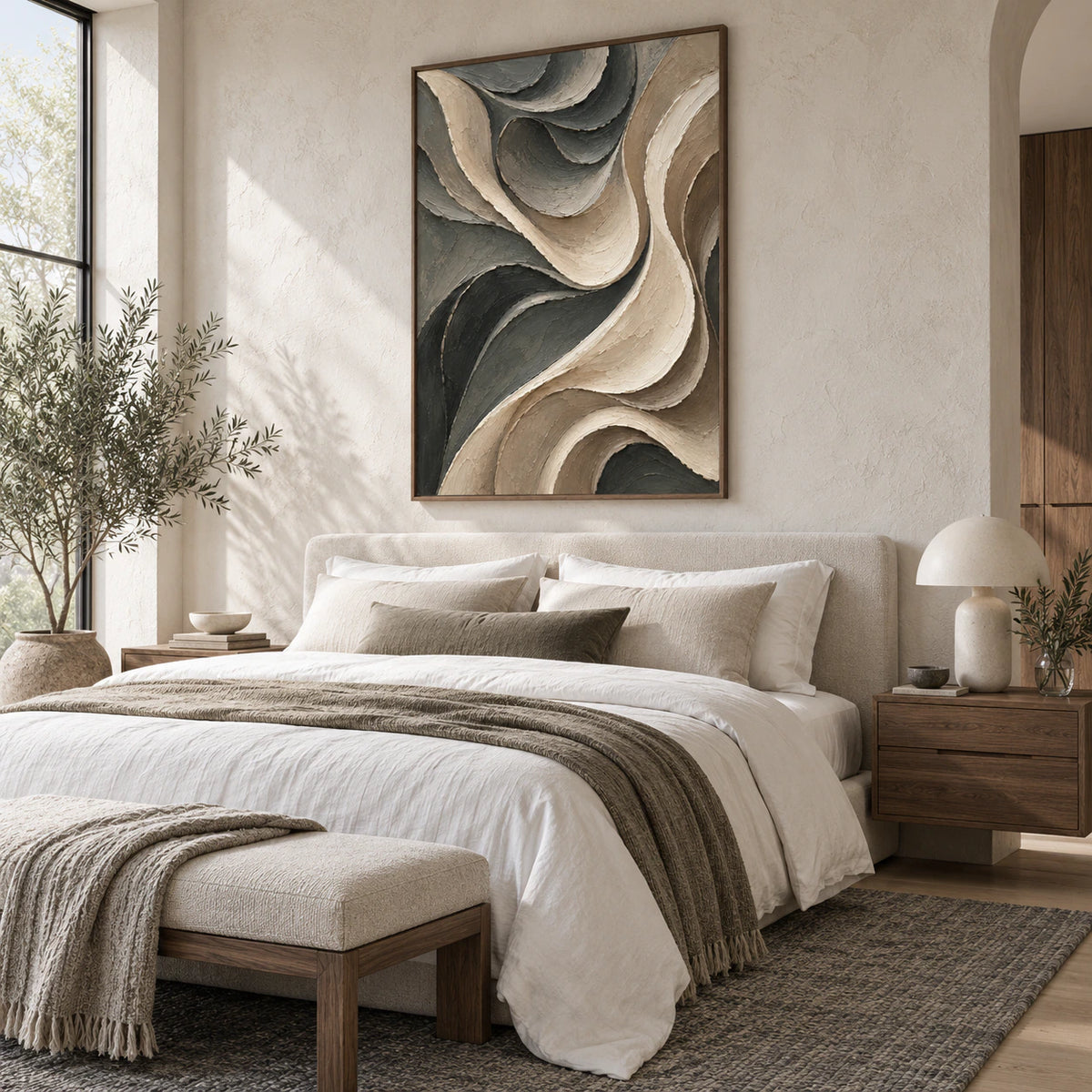Sable-Ribbon as a calm large-scale artwork in a quiet, light-filled bedroom.