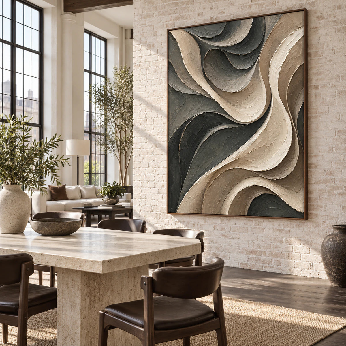 Sable-Ribbon featured as a large focal artwork in an expansive loft hospitality interior.
