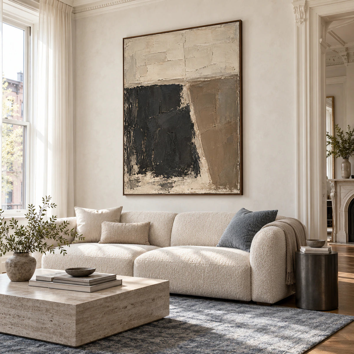 Sable-Threshold as a large focal artwork above a pale neutral sofa in a bright living room.