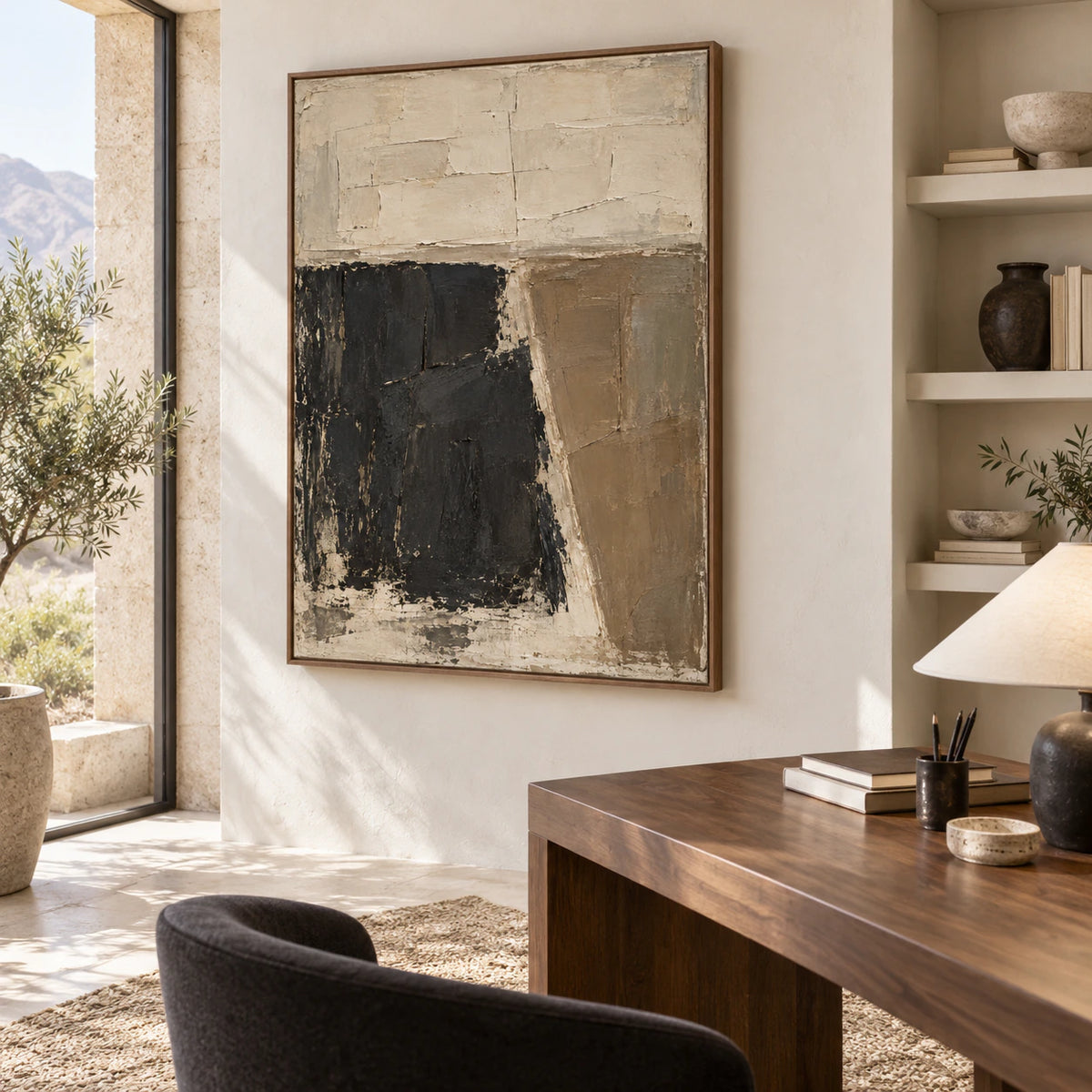 Sable-Threshold as the focal artwork in an airy home office reading space.