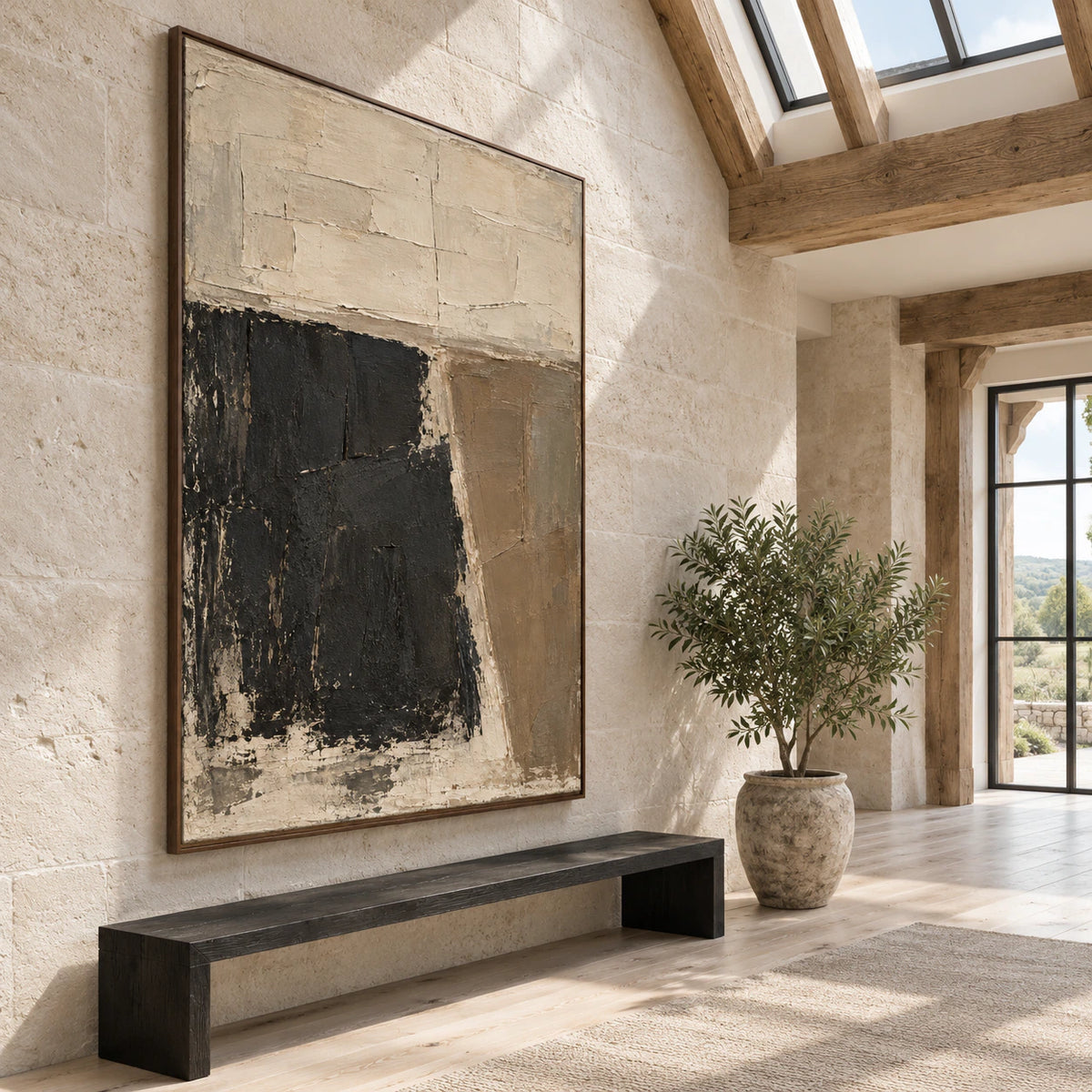 Large Sable-Threshold painting installed in a bright gallery-scale foyer.