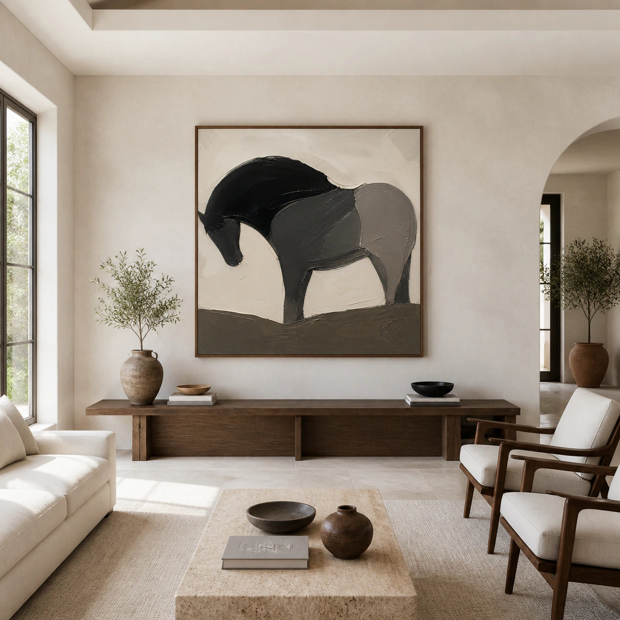 Large square Sable-Vault painting displayed straight-on in a bright architectural living space.
