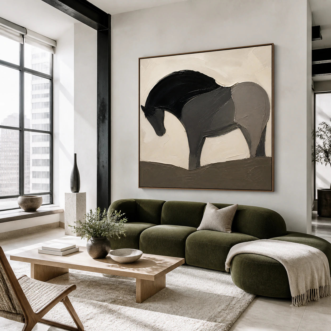 Sable-Vault as the focal artwork above a sofa in a bright contemporary living room.