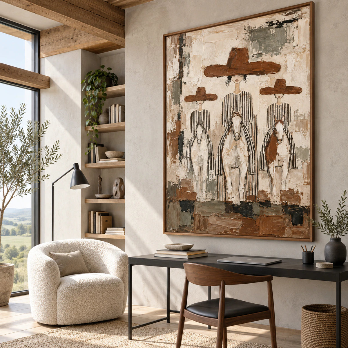Saddle-Procession displayed prominently in an airy reading and home office space.