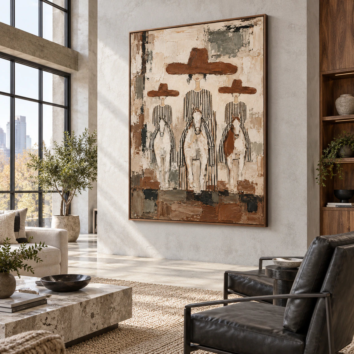 Saddle-Procession as the central artwork in an expansive hospitality loft interior.