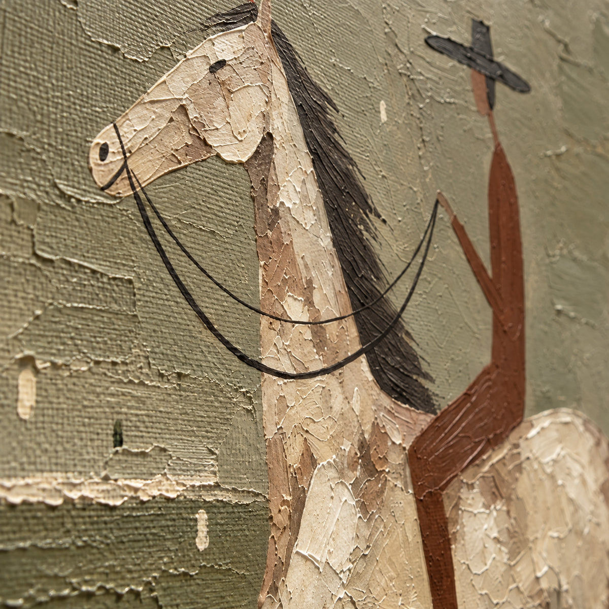 Saddle-Quiet oil painting brushwork and impasto detail photographed from an oblique side angle