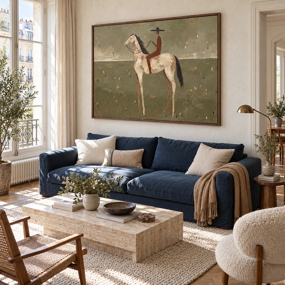 Saddle-Quiet as a large focal artwork in a bright contemporary living room.