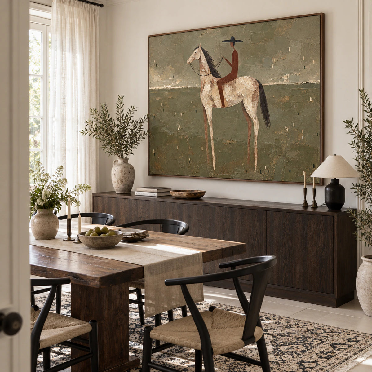 Saddle-Quiet displayed prominently above a refined dining room sideboard.