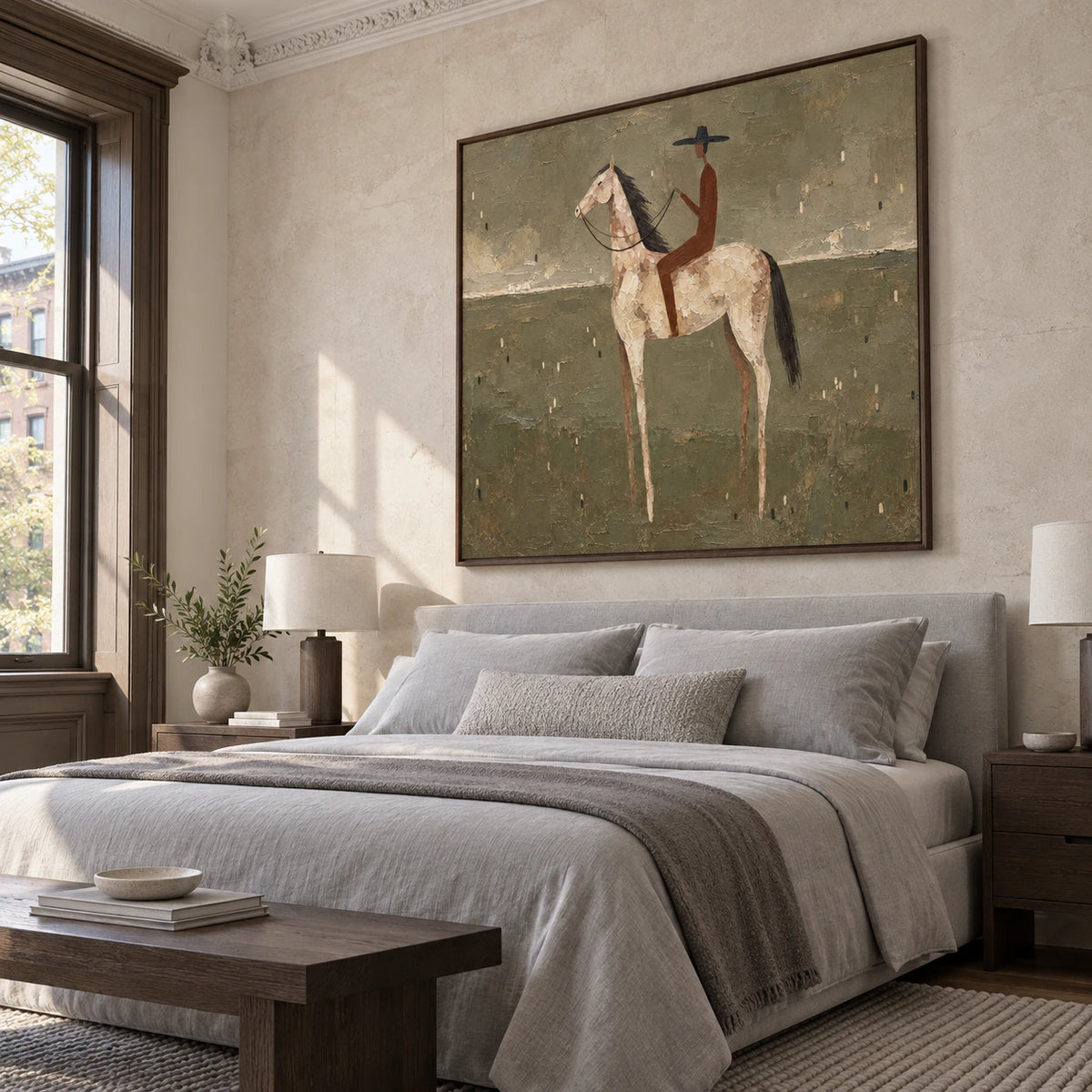 Saddle-Quiet as the visual focus in a quiet daylight bedroom.