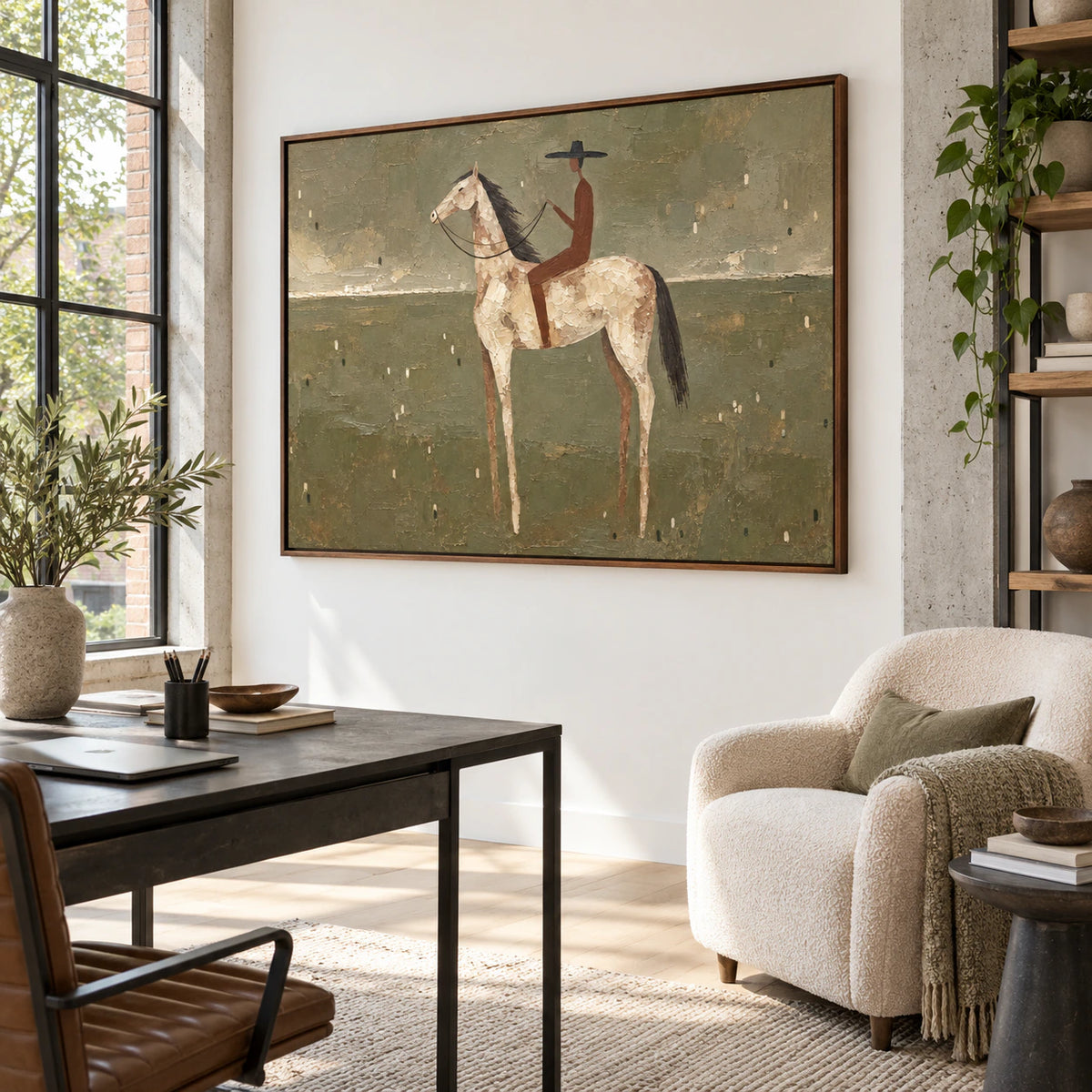 Saddle-Quiet featured at scale in an airy home office reading space.
