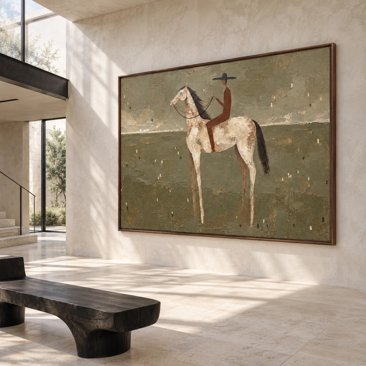 Saddle-Quiet presented large in a luminous gallery-scale foyer.