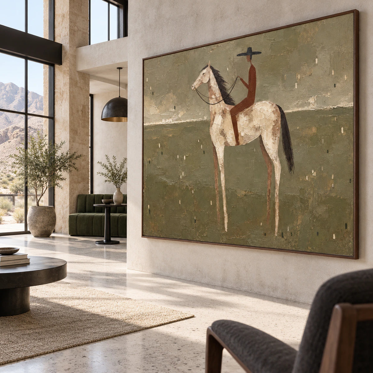 Saddle-Quiet anchoring an expansive hospitality loft interior.