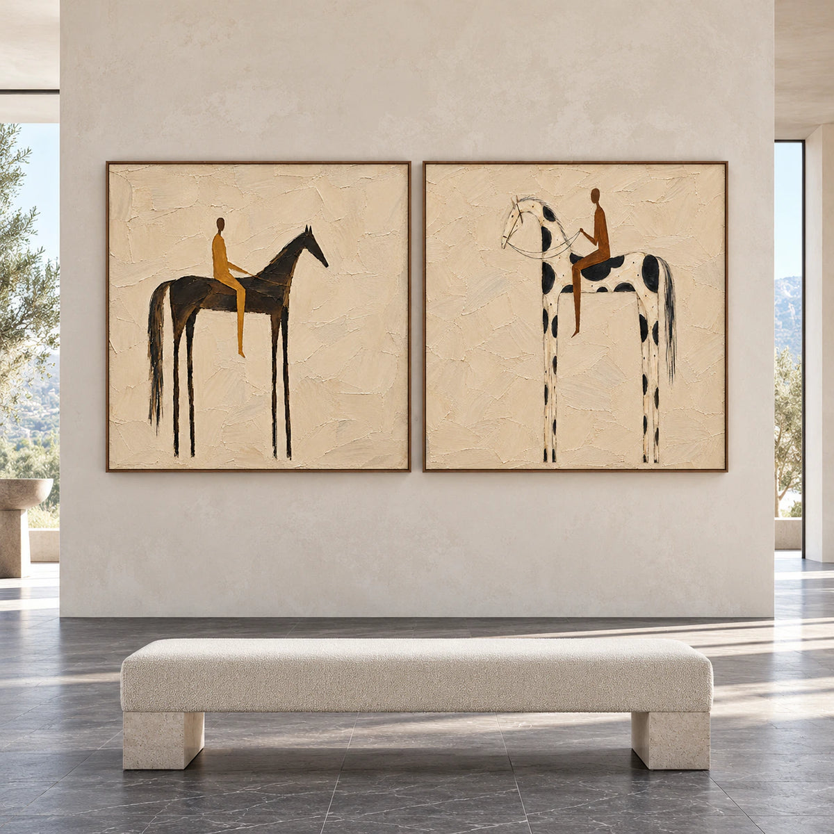 Large straight-on gallery view of the Saddle-Whisper diptych in matching slim walnut frames.