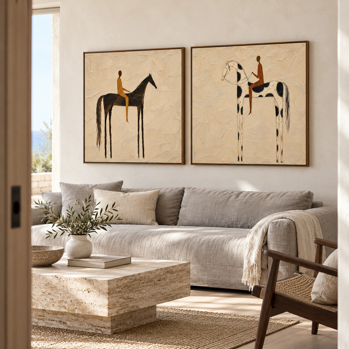 Saddle-Whisper diptych above a sofa in a bright living room.