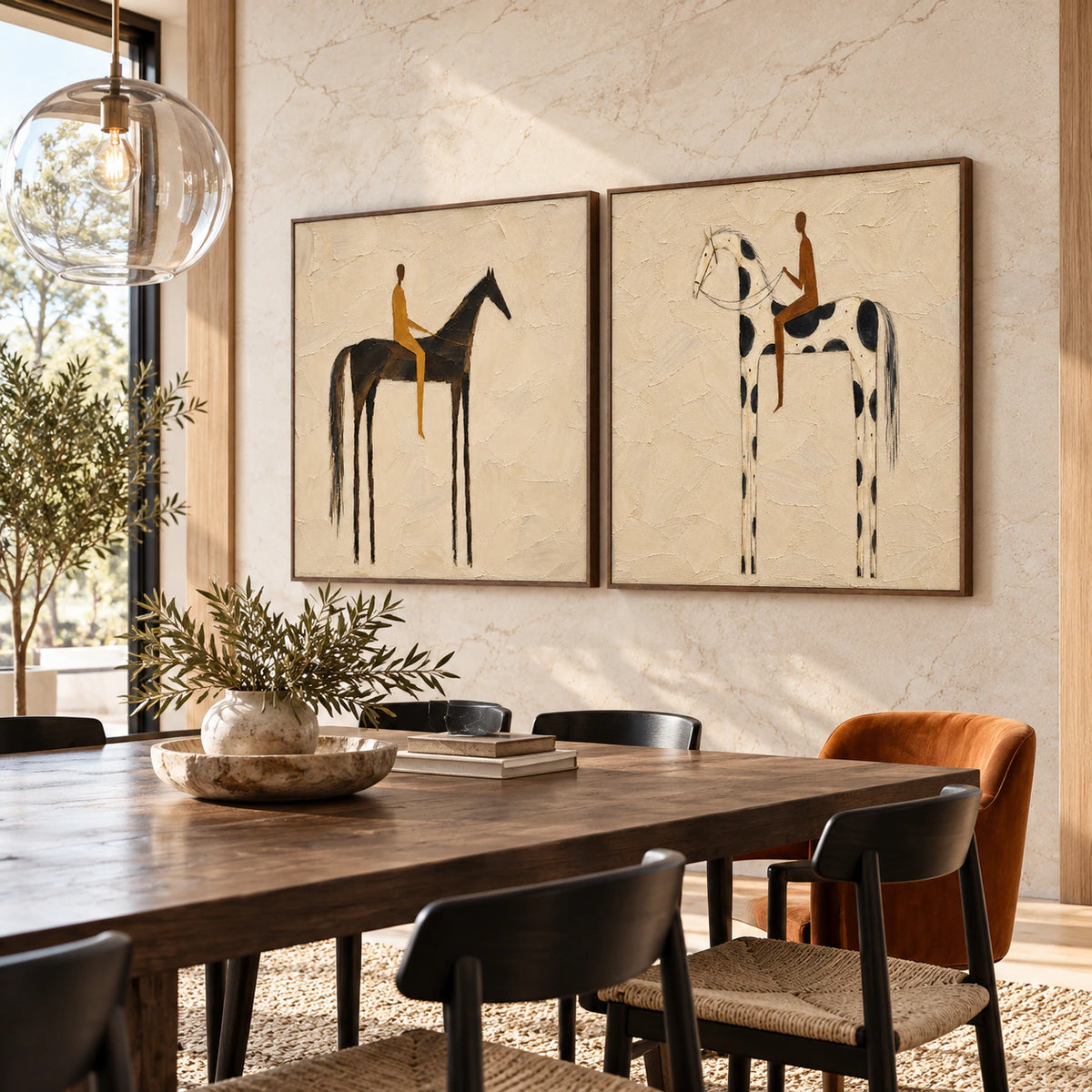 Saddle-Whisper diptych in a refined daylight dining room.