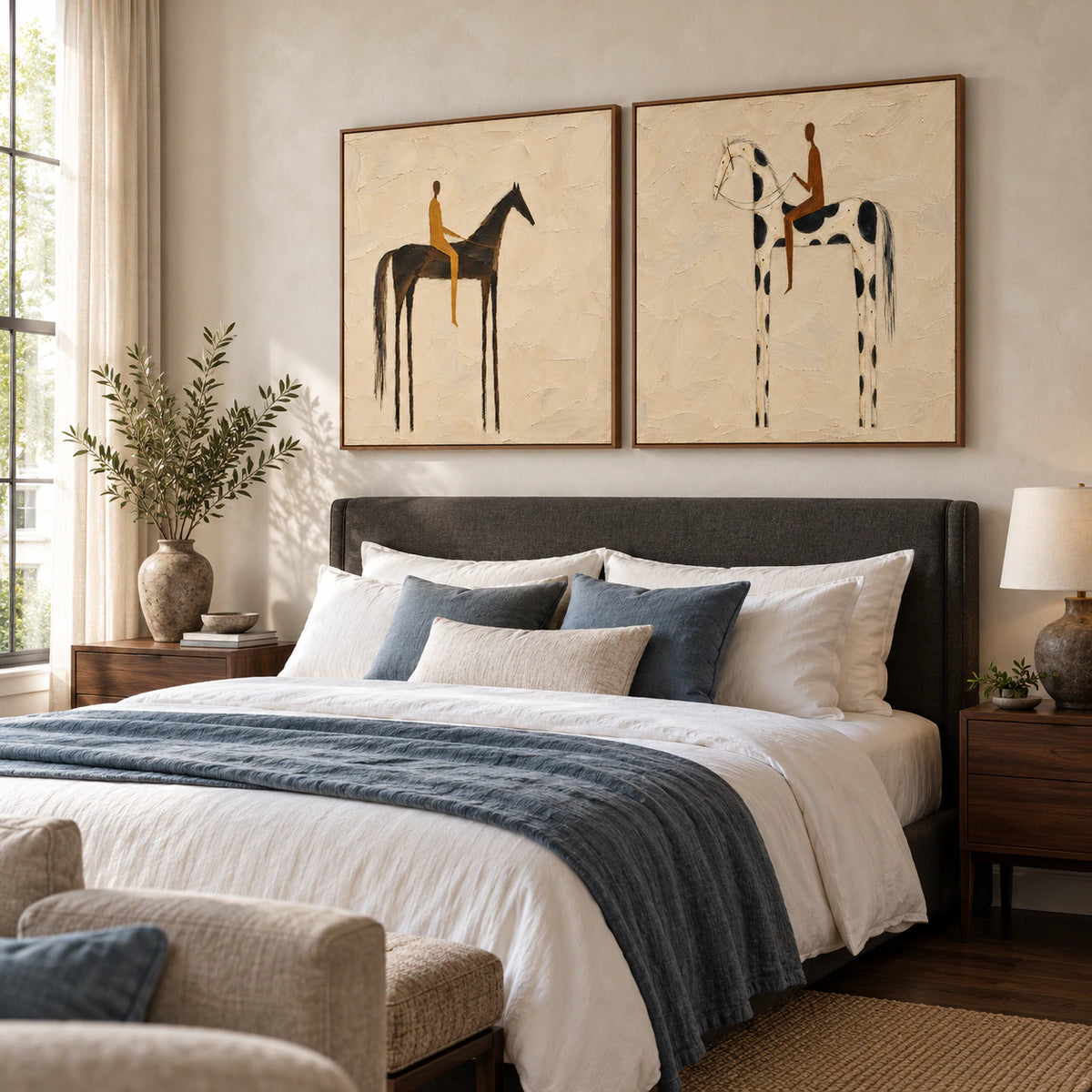 Saddle-Whisper diptych in a quiet, naturally lit bedroom.