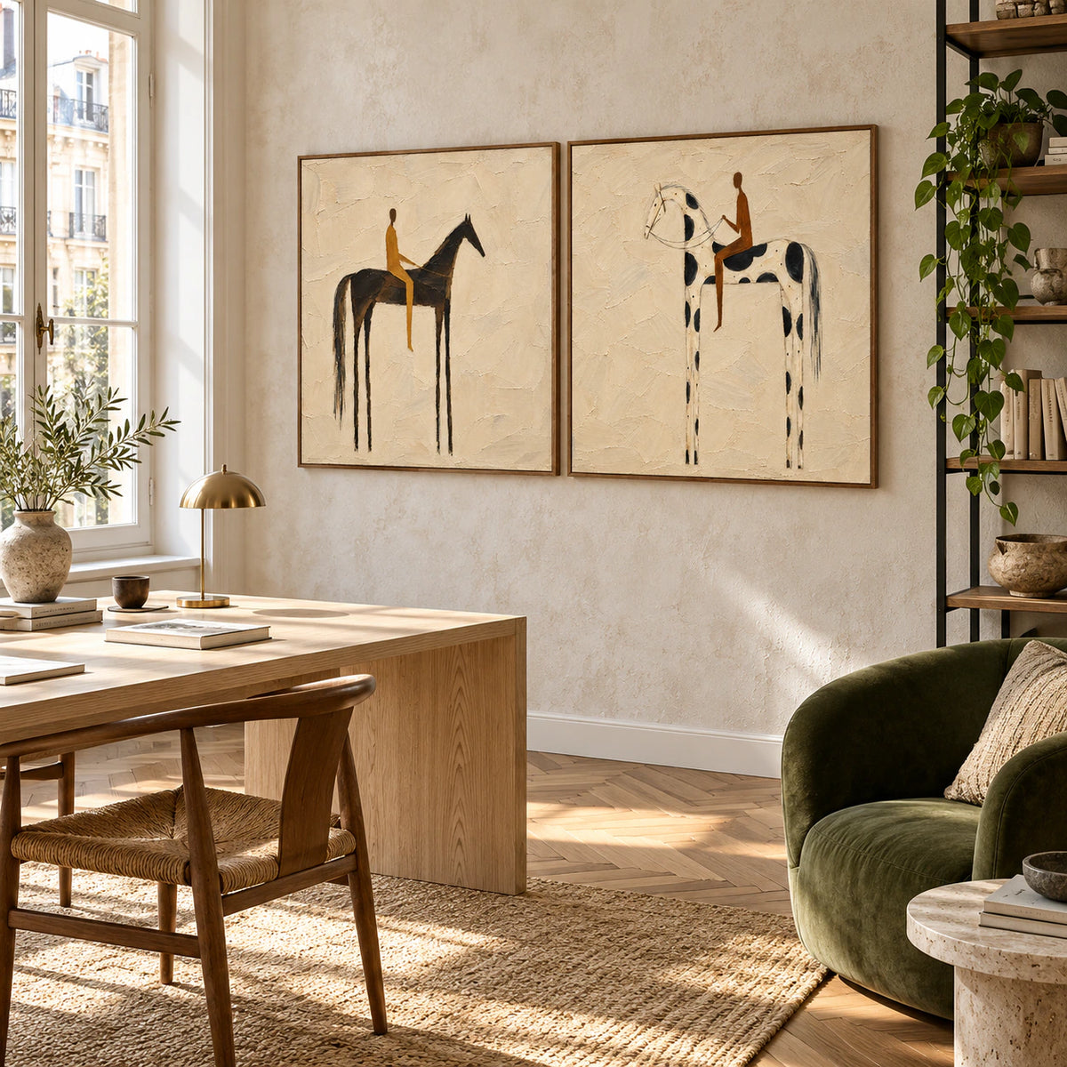 Saddle-Whisper diptych in an airy home office reading space.