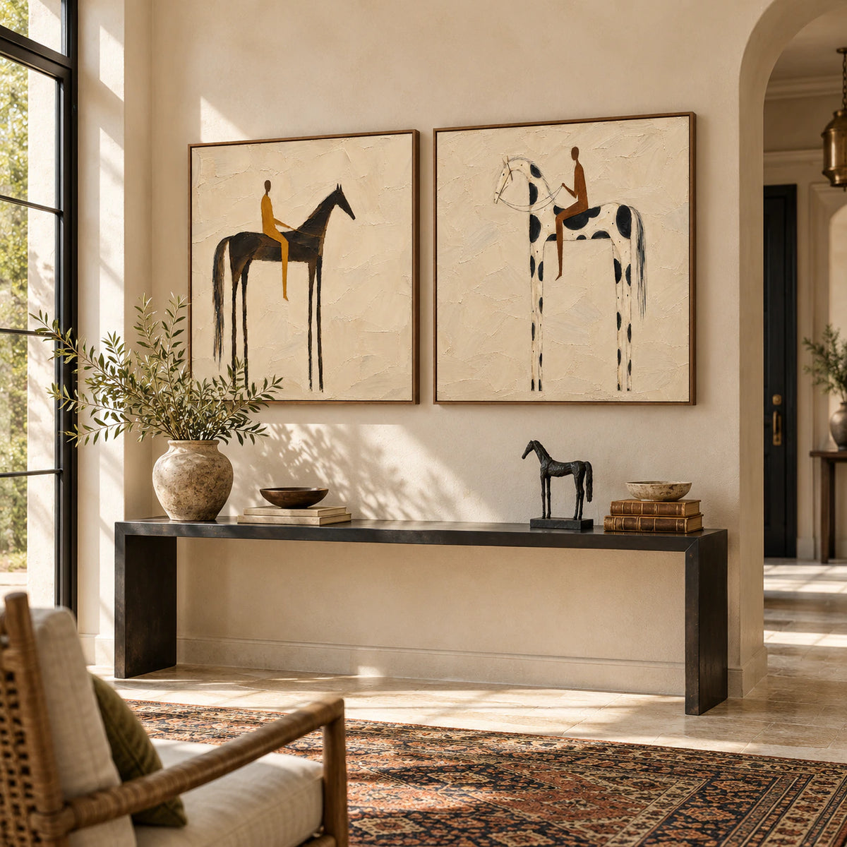 Saddle-Whisper diptych at gallery scale in a bright foyer.