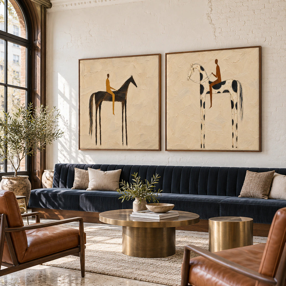 Saddle-Whisper diptych in an expansive daylight hospitality loft.