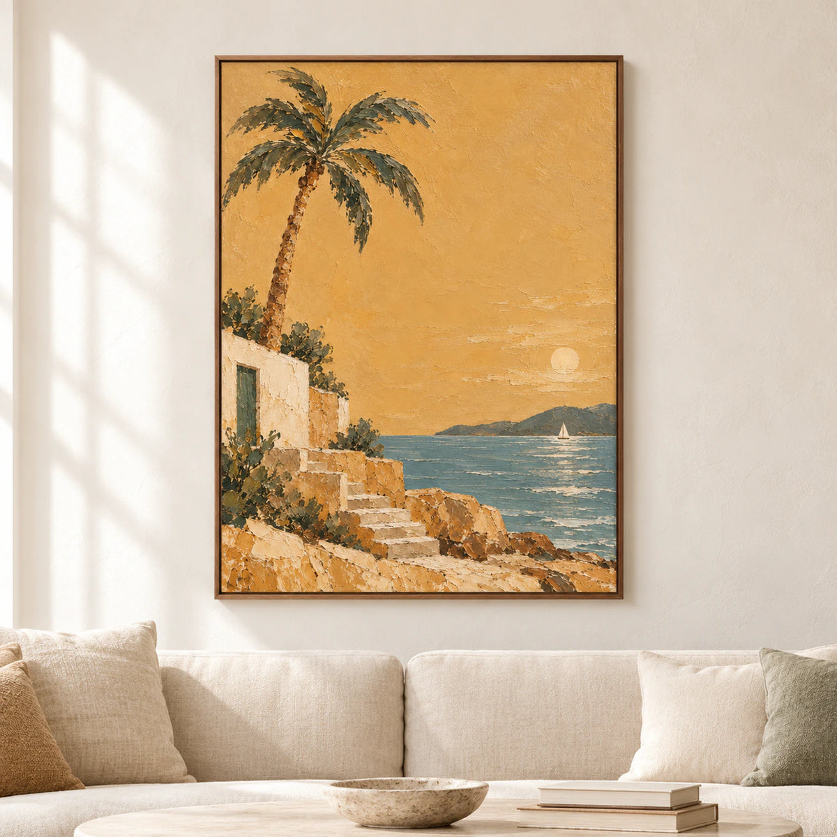 Large vertical coastal painting displayed straight-on in a sunlit architectural living space.