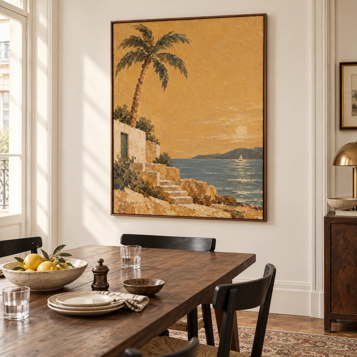 Vertical coastal painting as the focal point of a refined dining room with a long table and sculptural neutral chairs.