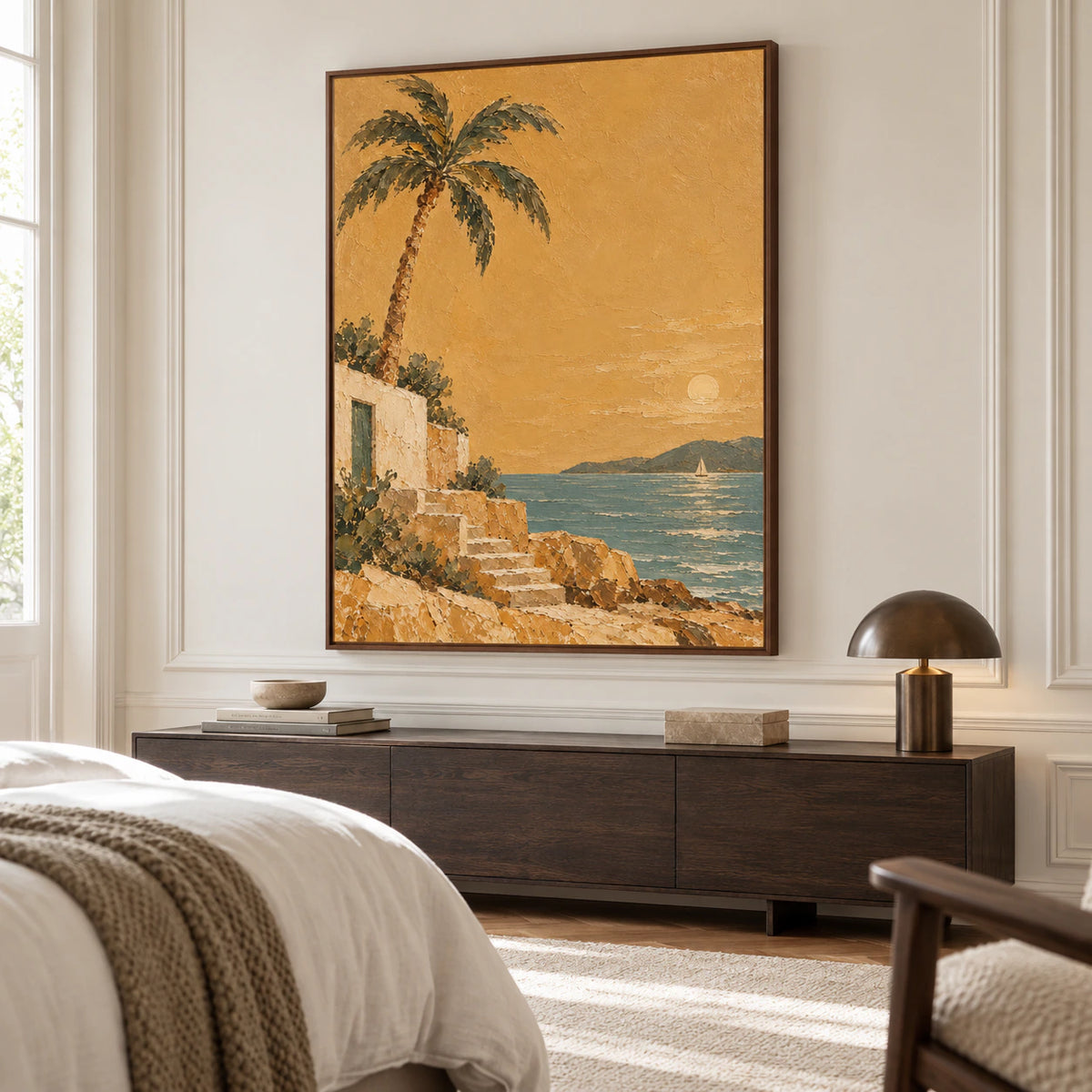 Vertical coastal painting above a quiet bedroom console in soft natural daylight.