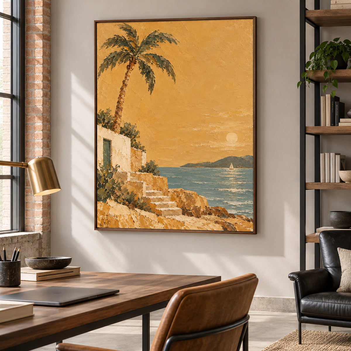 Vertical coastal painting in an airy home office and reading space with a desk, bookcase and open daylight.