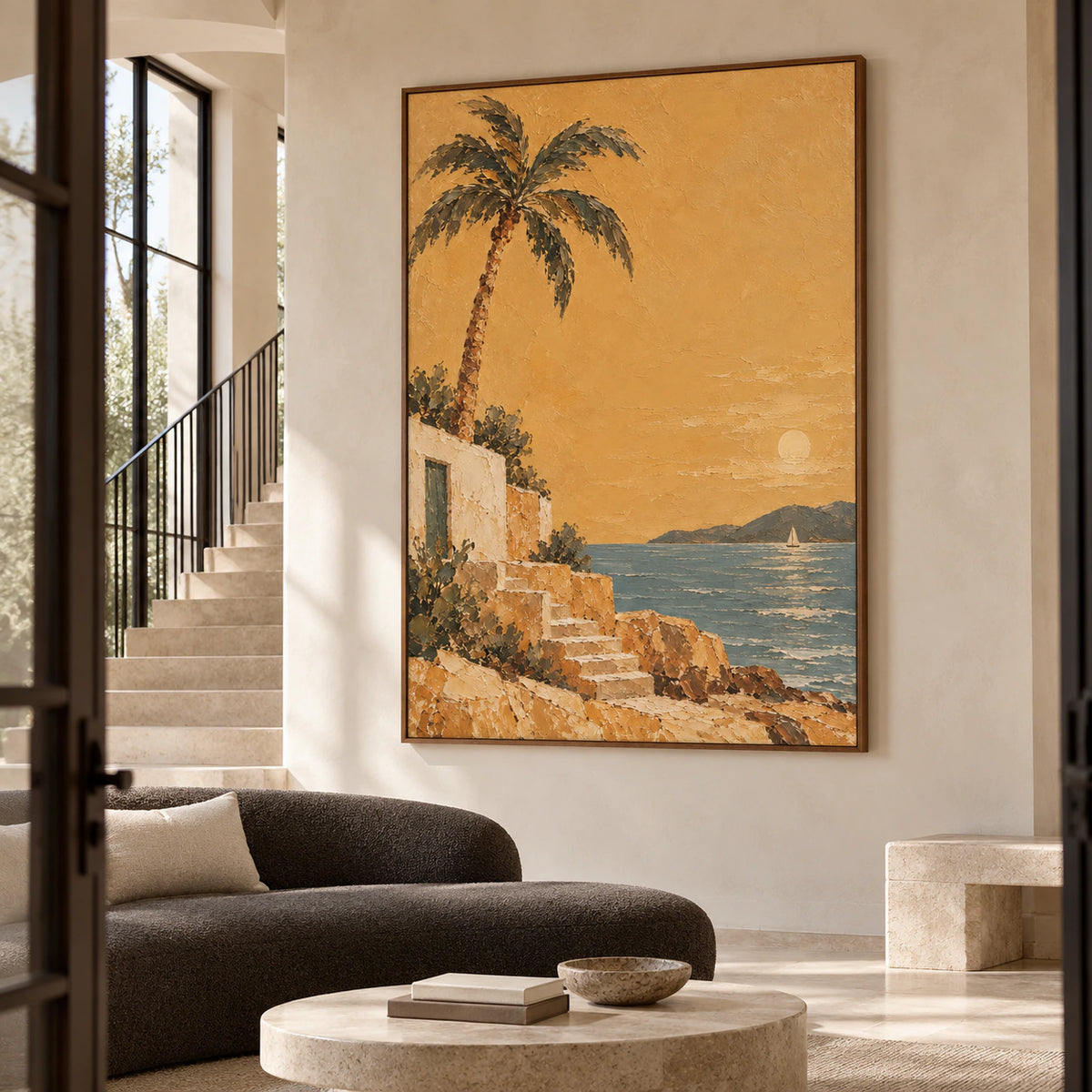 Large vertical coastal painting anchoring a bright gallery-scale foyer with a broad stair and pale stone floor.
