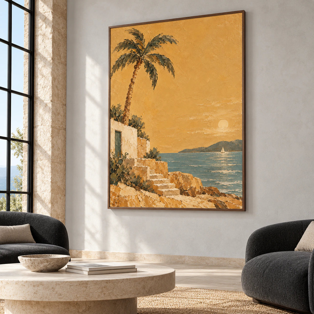 Vertical coastal painting displayed prominently in an expansive loft hospitality interior with tall windows and understated furnishings.