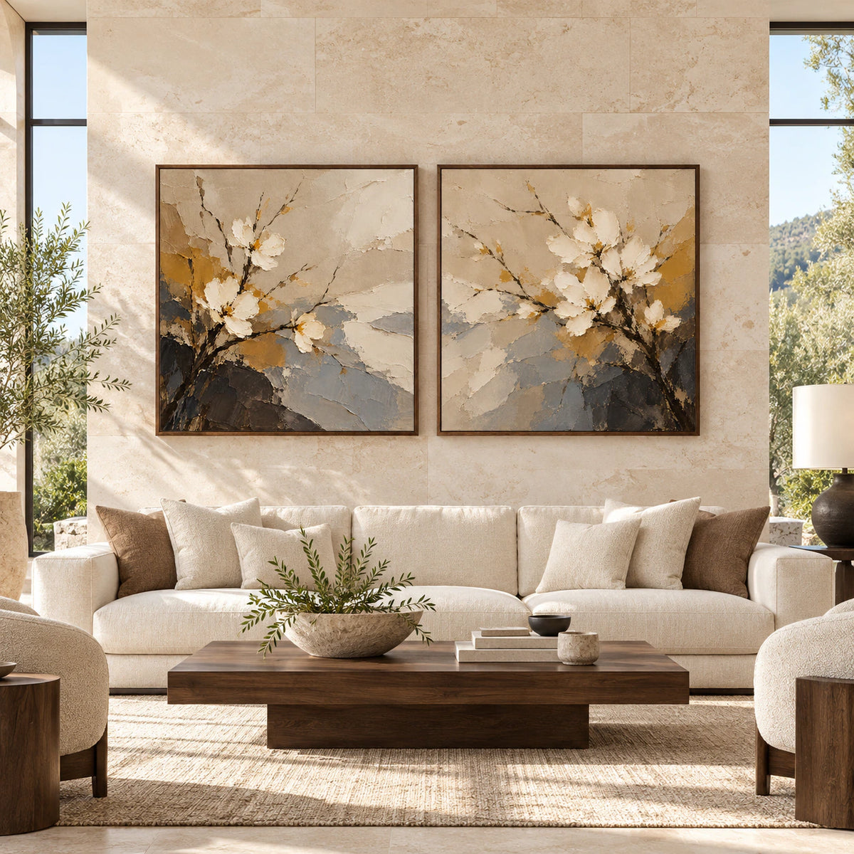 Large straight-on architectural interior with the Saffron-Bloom floral diptych as a prominent focal point.