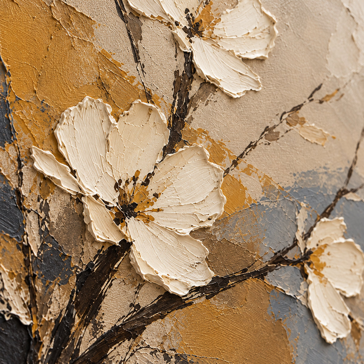 Saffron-Bloom oil painting brushwork and impasto detail photographed from an oblique side angle