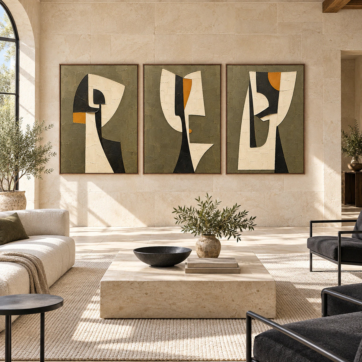 Large straight-on interior featuring the Saffron-Partition triptych in slim walnut frames.
