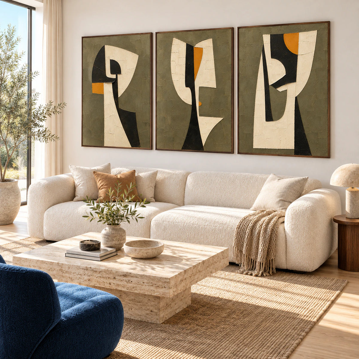 Bright living room with the three-panel Saffron-Partition triptych hung side by side.