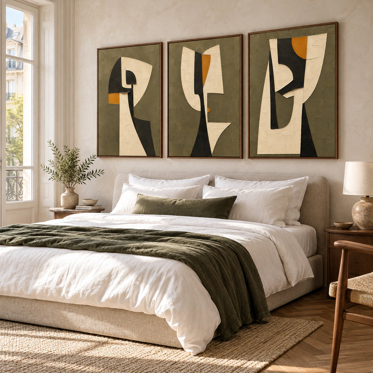 Quiet bedroom with the Saffron-Partition set of three as the focal artwork.