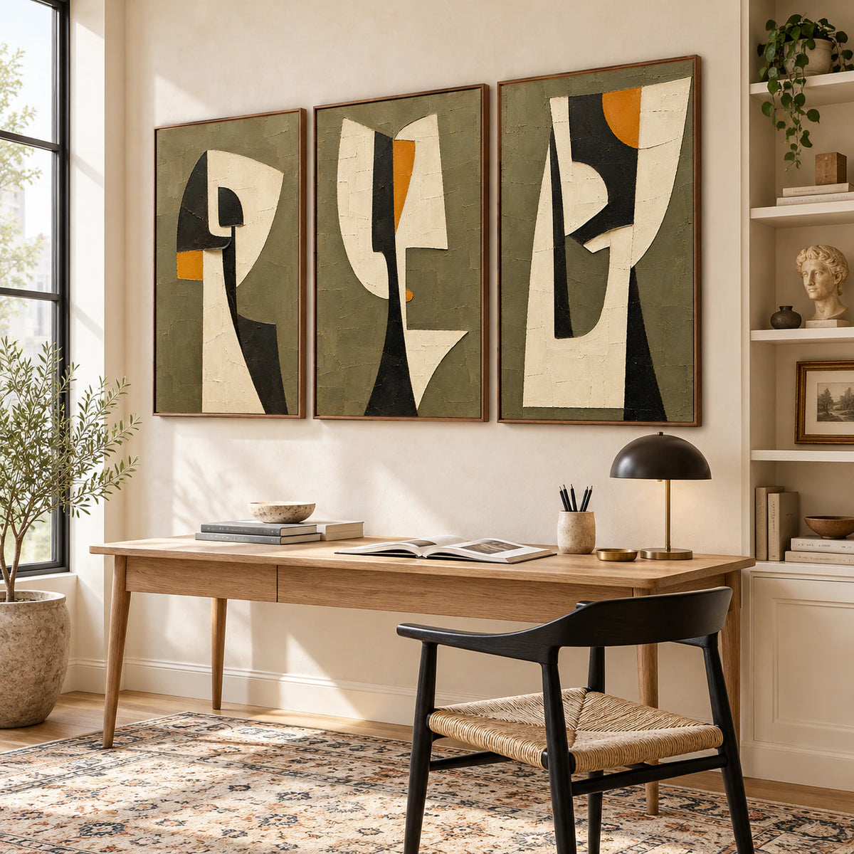 Airy home office with the Saffron-Partition triptych in walnut frames.