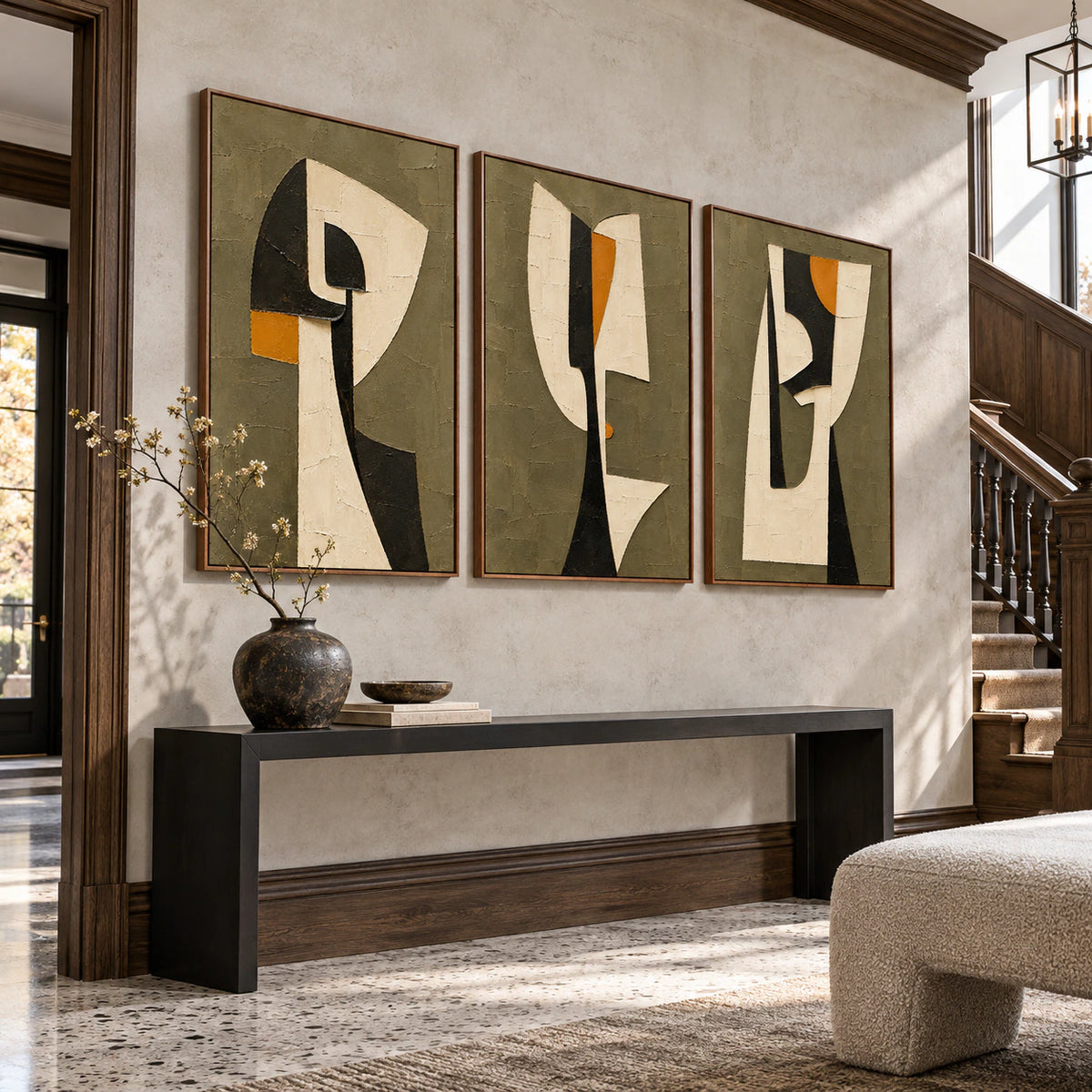 Gallery-scale foyer displaying the Saffron-Partition three-canvas set.