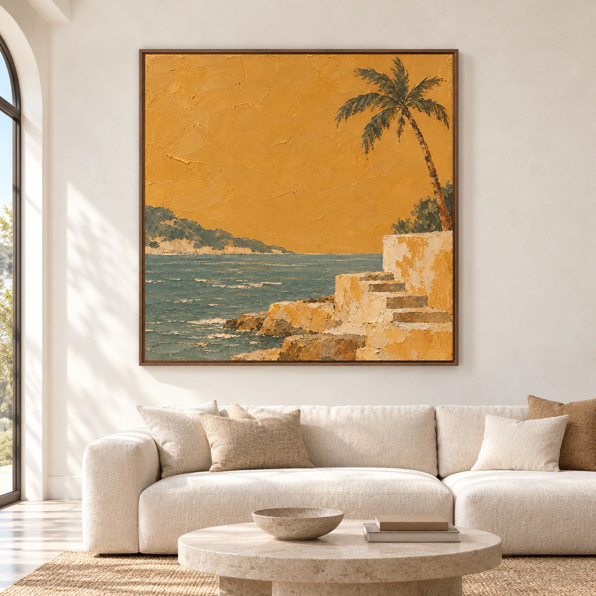 Large square painting of a palm-fringed teal shore and pale stone steps beneath a saffron sky, displayed on a bright gallery wall.