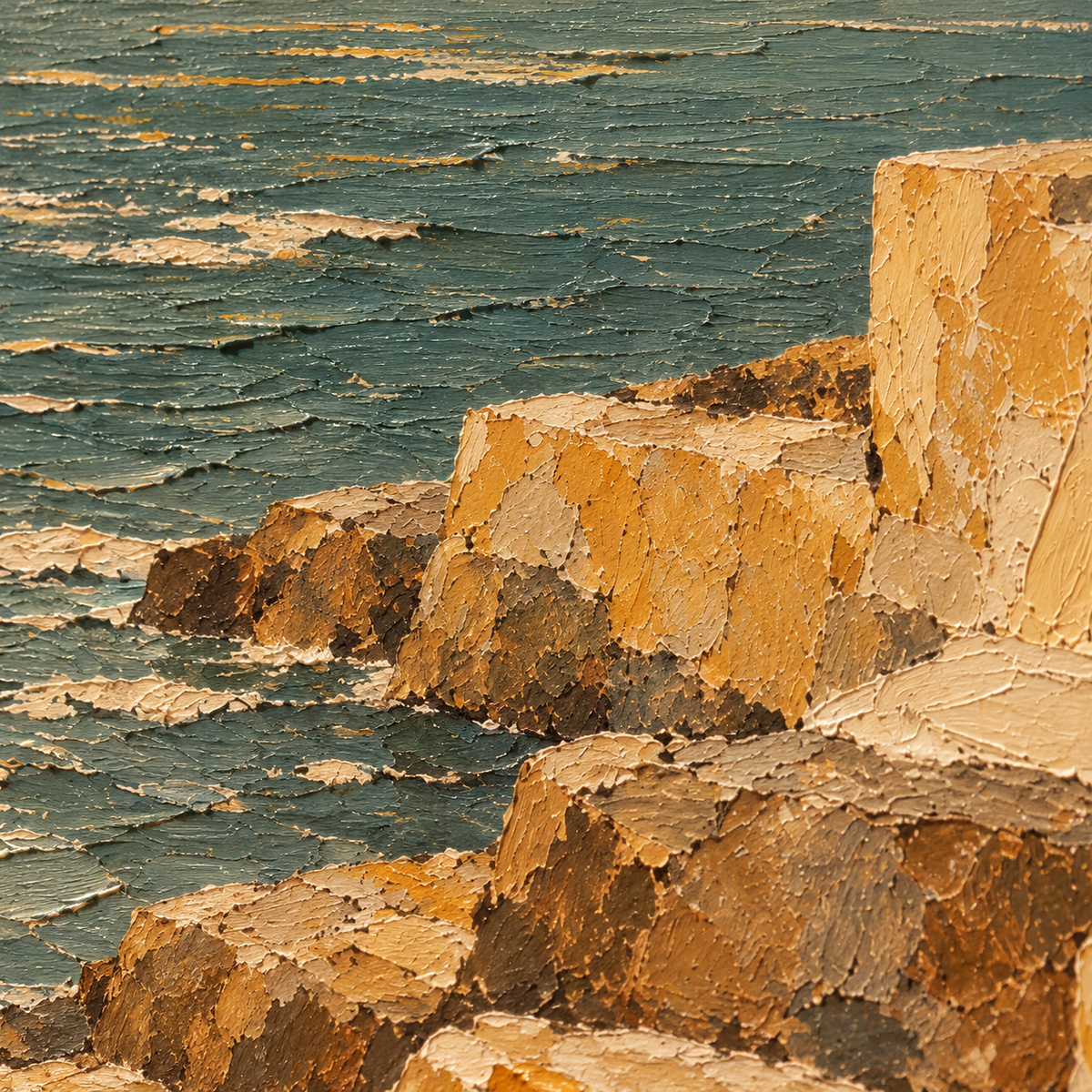 Saffron-Quay oil painting brushwork and impasto detail photographed from an oblique side angle