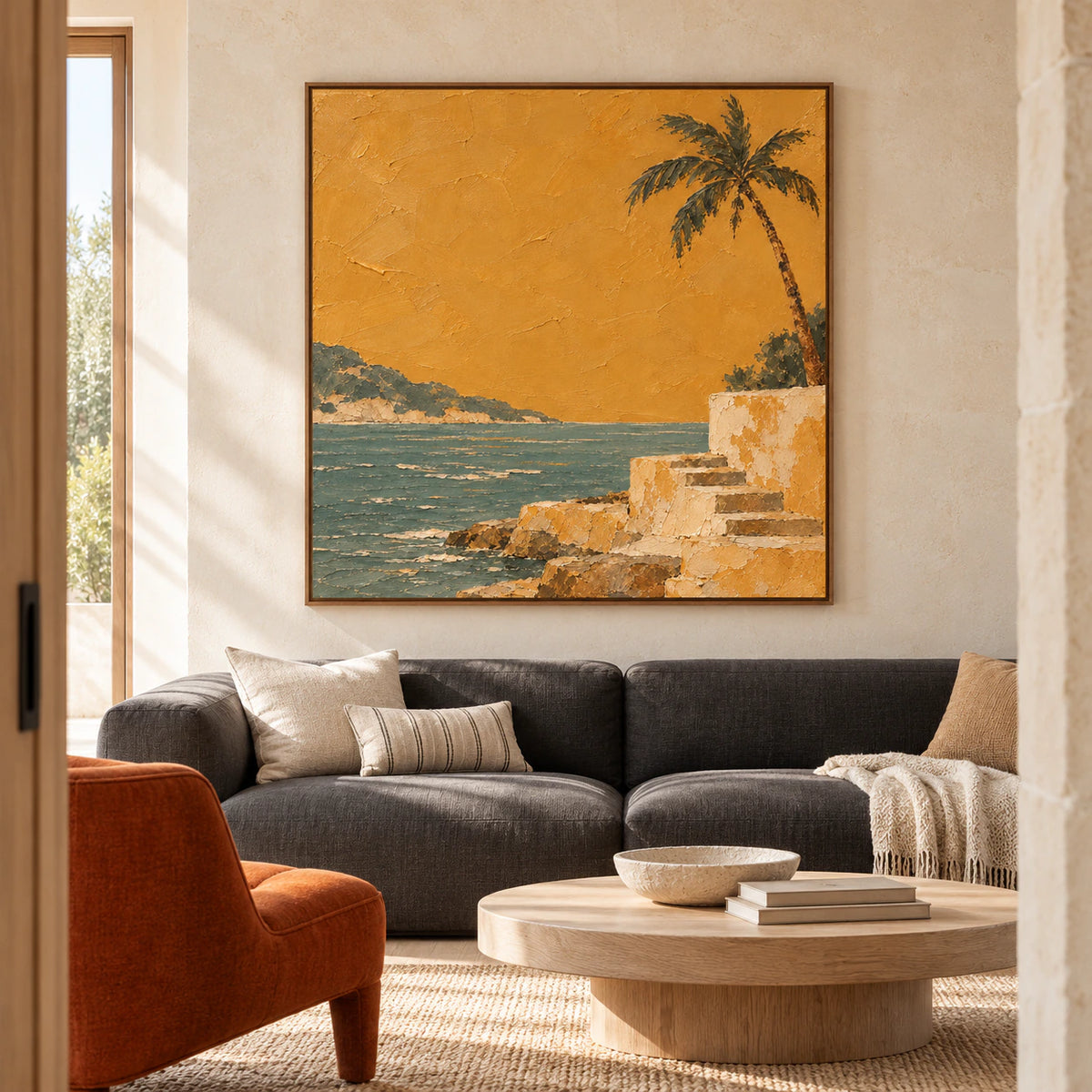Square saffron and teal coastal painting above a low charcoal sofa in a bright living room with pale limestone walls and soft daylight.