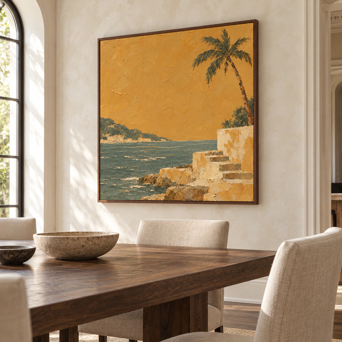 Square palm shore painting centered on a light plaster wall in a refined dining room, with a dark oak table and restrained linen chairs.