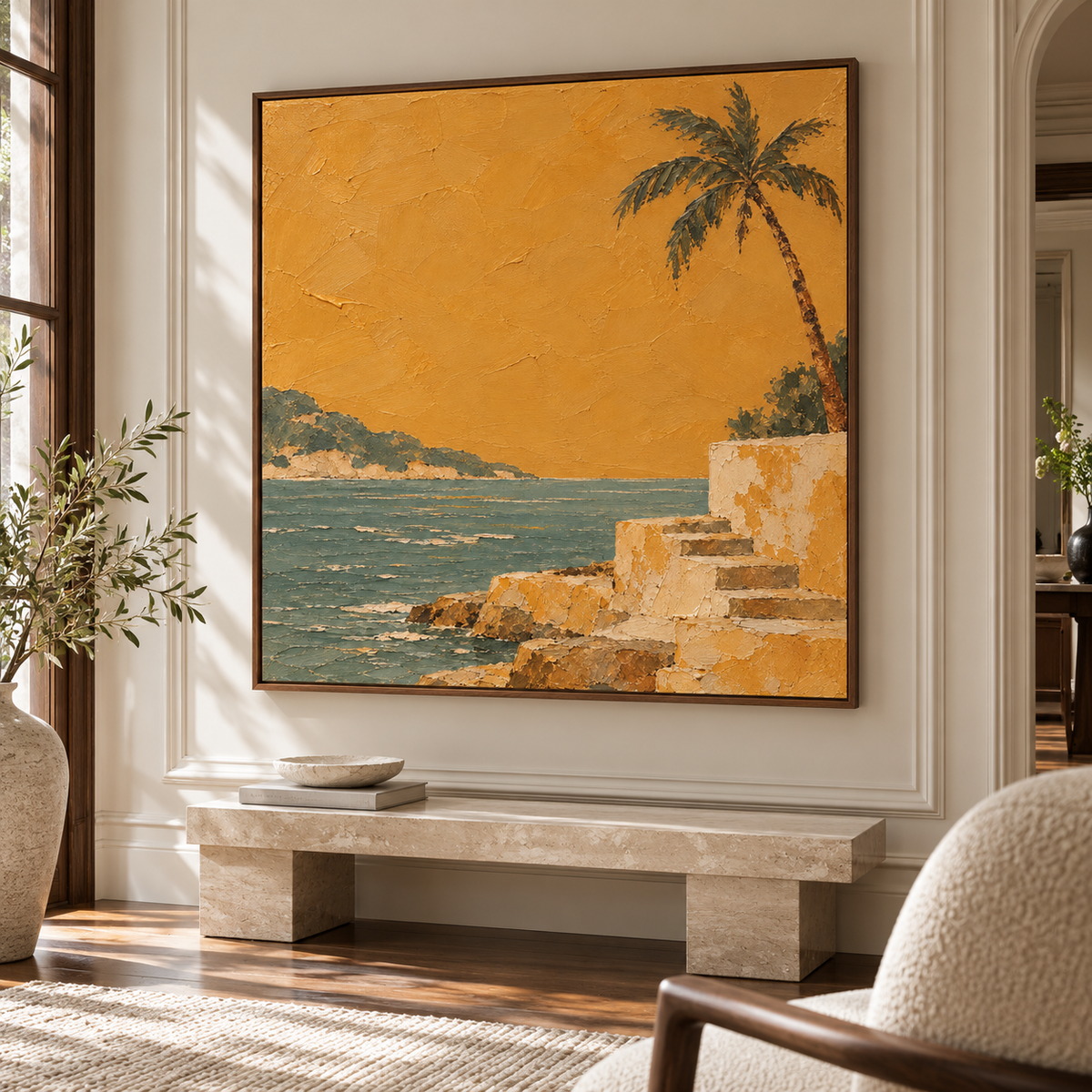 Square palm and shoreline painting commanding a tall, bright foyer wall above a simple stone bench, with open architectural space.