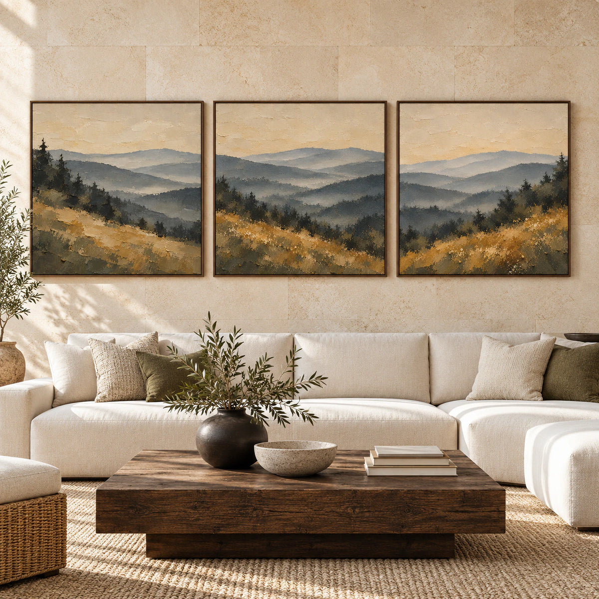 Large straight-on interior view with the Saffron-Range landscape triptych in slim walnut frames.