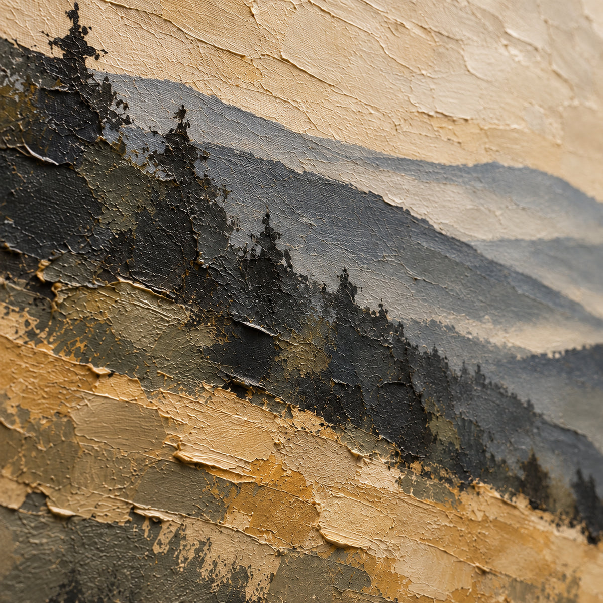 Saffron-Range oil painting brushwork and impasto detail photographed from an oblique side angle