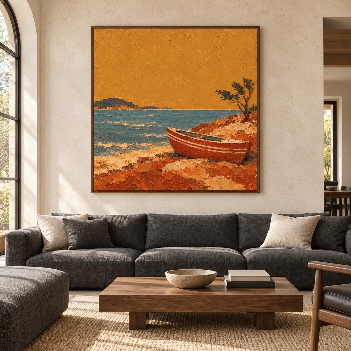 Large square painting of a rust-red skiff, teal water and ochre shore centered on a pale wall in a spacious, bright architectural living room.